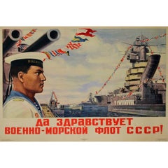 Original 1946 Soviet propaganda poster titled Long live the Soviet Navy!