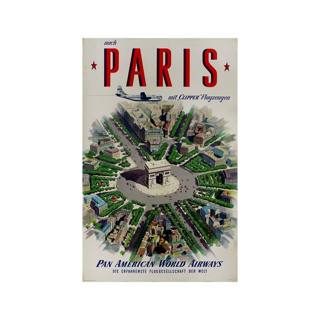 This original 1951 poster, created for Pan American World Airways, captures the glamour and sophistication of mid-20th-century air travel to Paris. Featuring the tagline “Nach Paris mit Clipper Flugzeugen” (“To Paris with Clipper Airplanes”), the