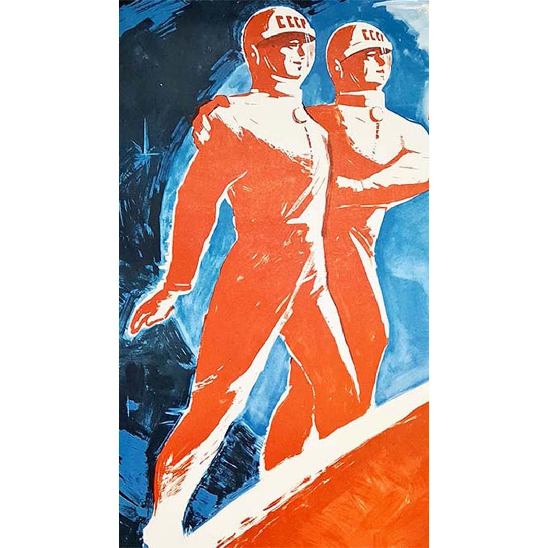 This original 1965 Soviet space poster, Cosmonautes - Voskhod 2 CCCP, commemorates the historic first spacewalk (EVA) conducted by Soviet cosmonaut Alexei Leonov. Released at the height of the Space Race, it highlights the Soviet Union’s