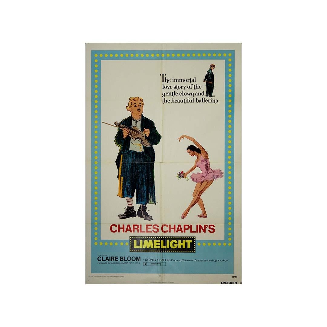 This original 1972 U.S. one-sheet poster was issued for the re-release of Charlie Chaplin’s poignant and deeply personal 1952 masterpiece Limelight. Framed by whimsical yellow footlights that echo the stage lights of a bygone theatrical era, the