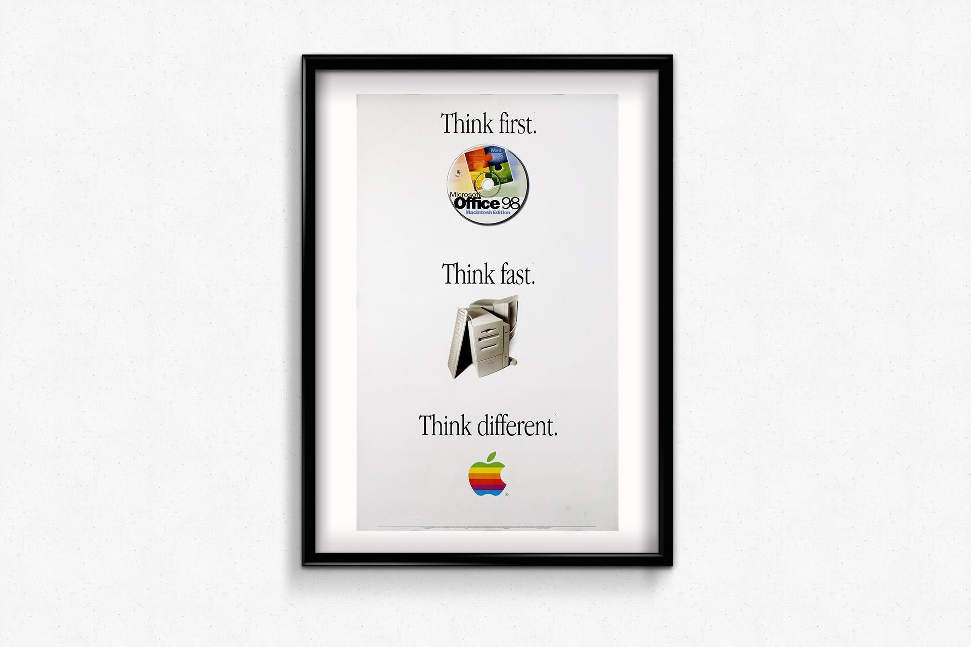 This rare original 1998 Apple advertising poster encapsulates the revolutionary spirit of late-90s computing. Featuring the iconic “Think Different” slogan, it cleverly integrates Microsoft Office 98 for Macintosh with Apple’s distinctive branding