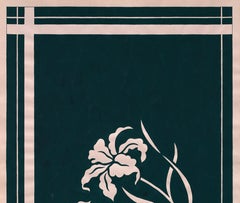 Original 70's Hand Painted Textile Design Gouache Green Blue Color on Grey Pape