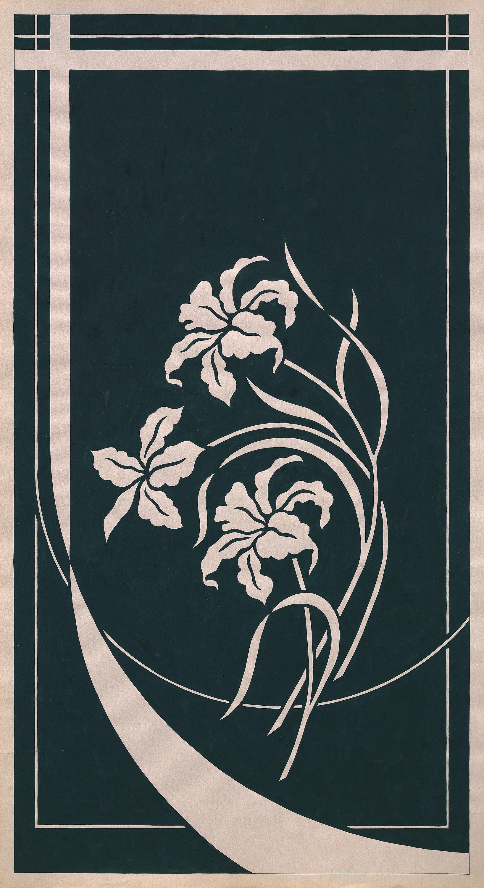 Original handbemaltes Textildesign in Gouache-Grünblau auf grauem Pape, 70er Jahre