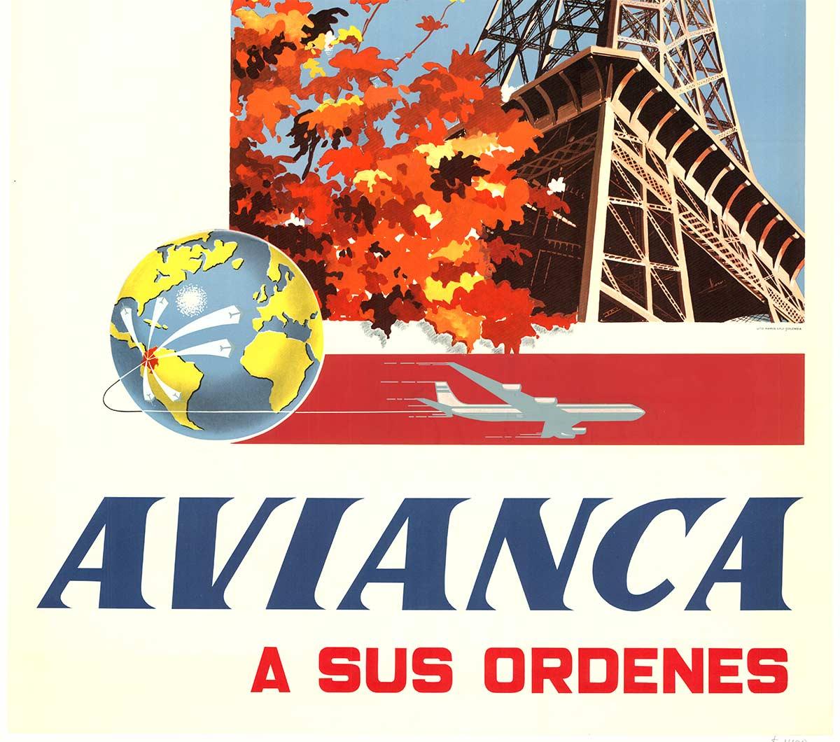 Vintage-Reiseplakat „a Europa Avianca a sus Ordenes“ aus Paris, Vintage (Amerikanischer Realismus), Print, von Unknown