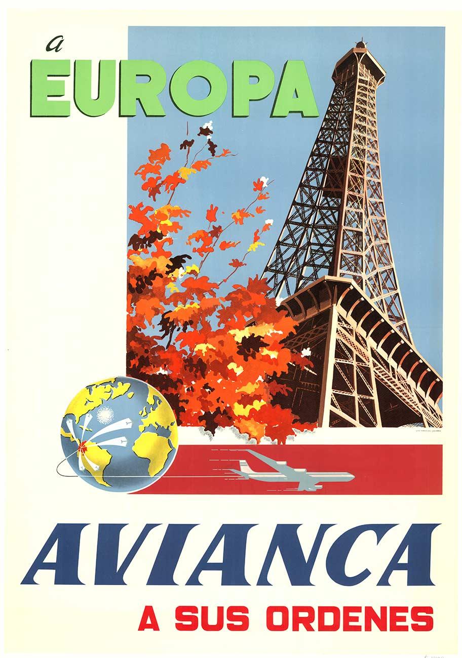 Original 'a Europa Avianca a sus órdenes' cartel de viaje de época a París