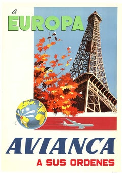Original 'a Europa Avianca a sus órdenes' cartel de viaje de época a París