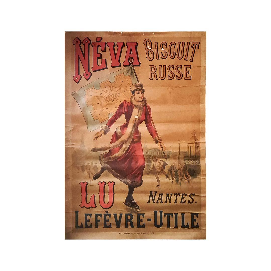Beautiful advertising poster from 1893 for Lefèvre-Utile and Néva Russian cookies.
It was in 1882, with the arrival of son Louis Lefebvre-Utile, that LU began to expand and mechanize. In 1885, he built a 2,000 m² high-tech cookie factory on Quai