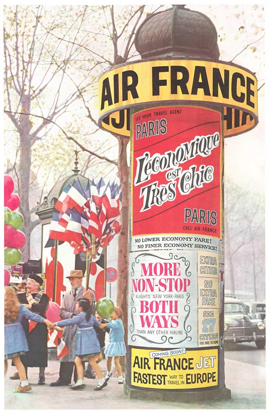 Cartel de viaje vintage original de Air France de mediados de siglo moderno respaldo de lino