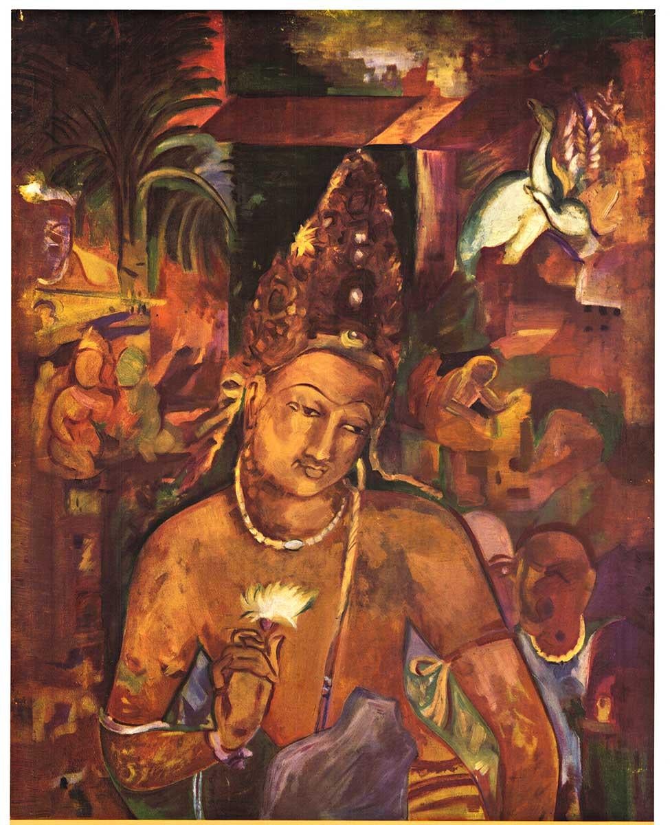 Original AJANTA INDIA  Bodhisattva Padmapani vintage Reiseplakat  1959 – Print von Unknown