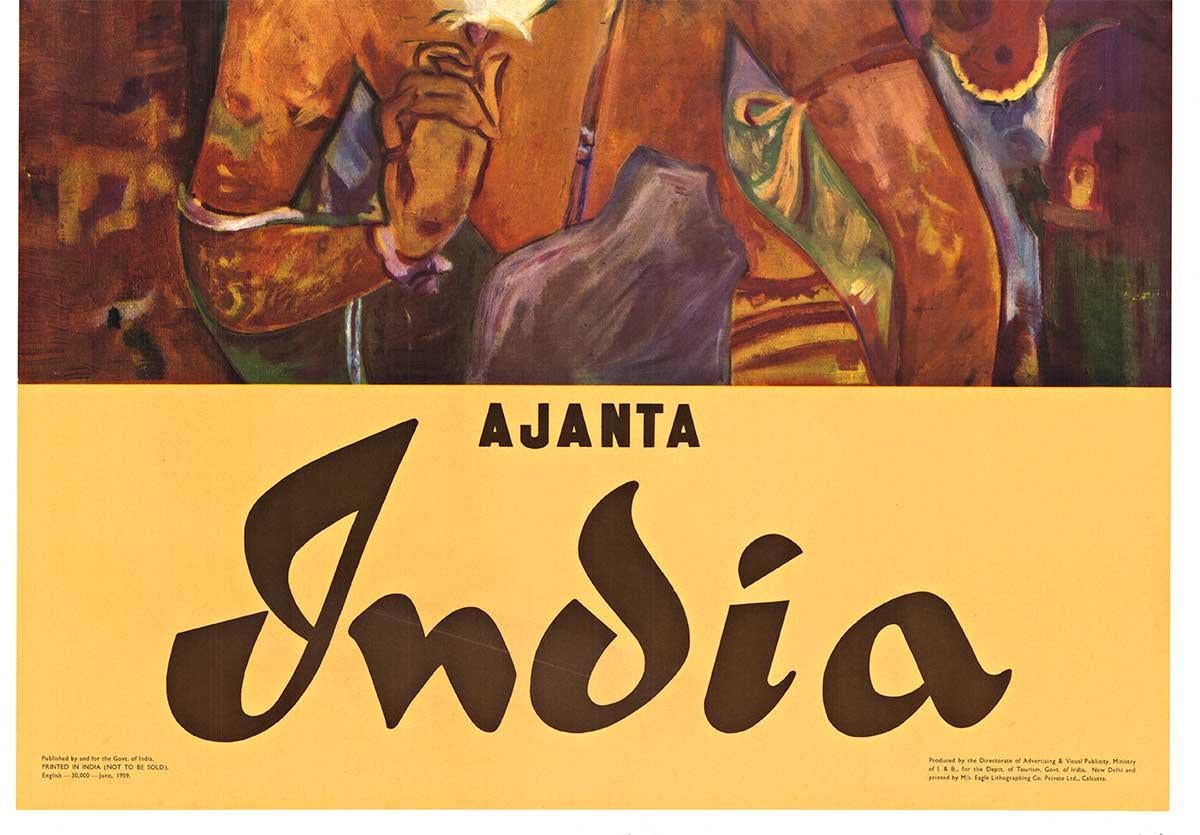 Original AJANTA INDIA  Bodhisattva Padmapani vintage Reiseplakat  1959 (Alte Meister), Print, von Unknown