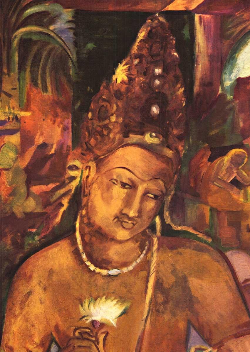 Original AJANTA INDIA  Bodhisattva Padmapani vintage Reiseplakat  1959 (Braun), Figurative Print, von Unknown