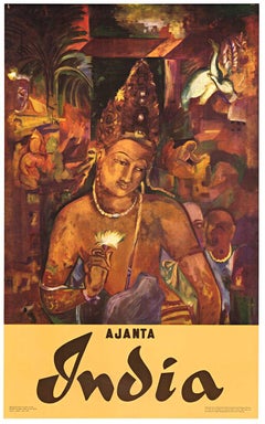 Original AJANTA INDIA  Bodhisattva Padmapani vintage Reiseplakat  1959