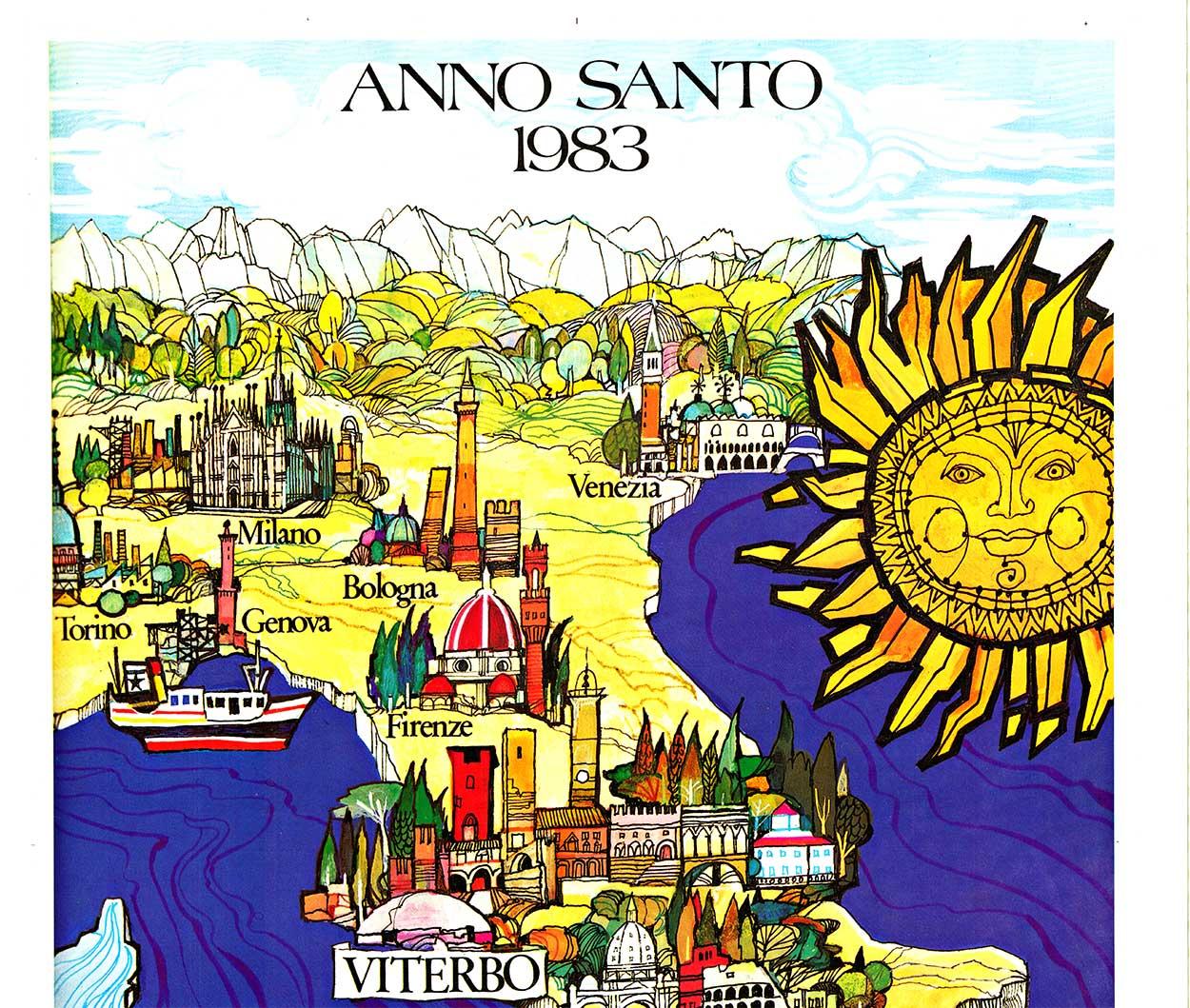 Original Anno Santo 1983 Viterbo Italia cartel y mapa de viaje vintage  sobre lino - Print de Unknown