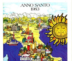 Original Anno Santo 1983 Viterbo Italy vintage travel poster and map  on linen