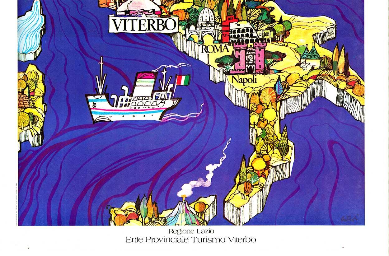 Original Anno Santo 1983 Viterbo Italia cartel y mapa de viaje vintage  sobre lino - Print moderno estadounidense de Unknown