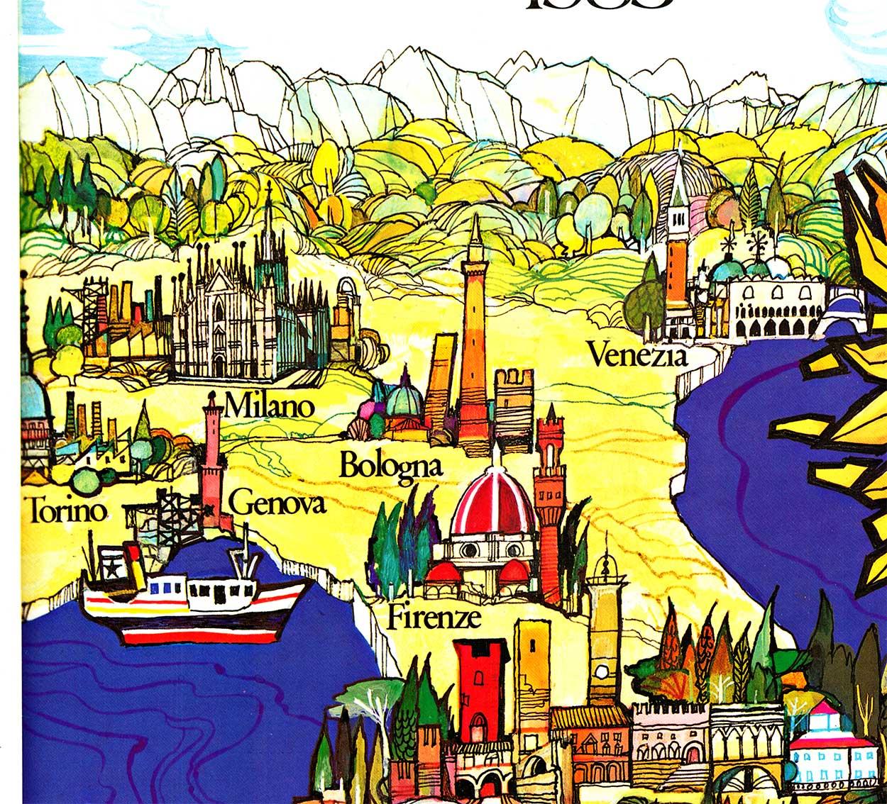 Original Anno Santo 1983 mapa cartel de viaje italiano. Respaldo de lino en estado de Grado A, listo para enmarcar. Un gran sol amarillo te invita a entrar en esta imagen mientras brilla sobre todo el país de Italia y la punta de Sicilia.

Descubre