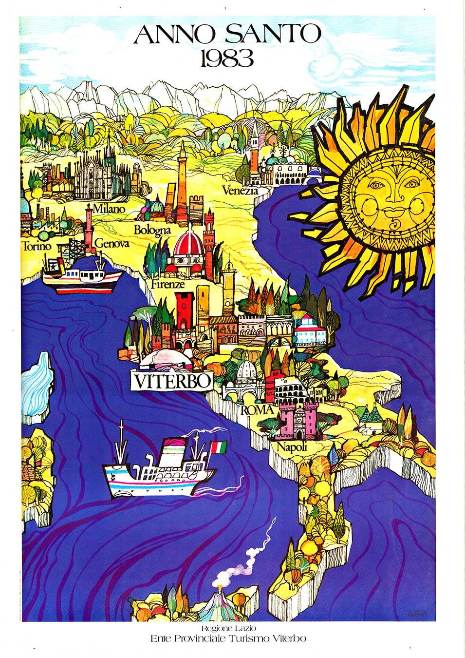 Original Anno Santo 1983 Viterbo Italia cartel y mapa de viaje vintage  sobre lino