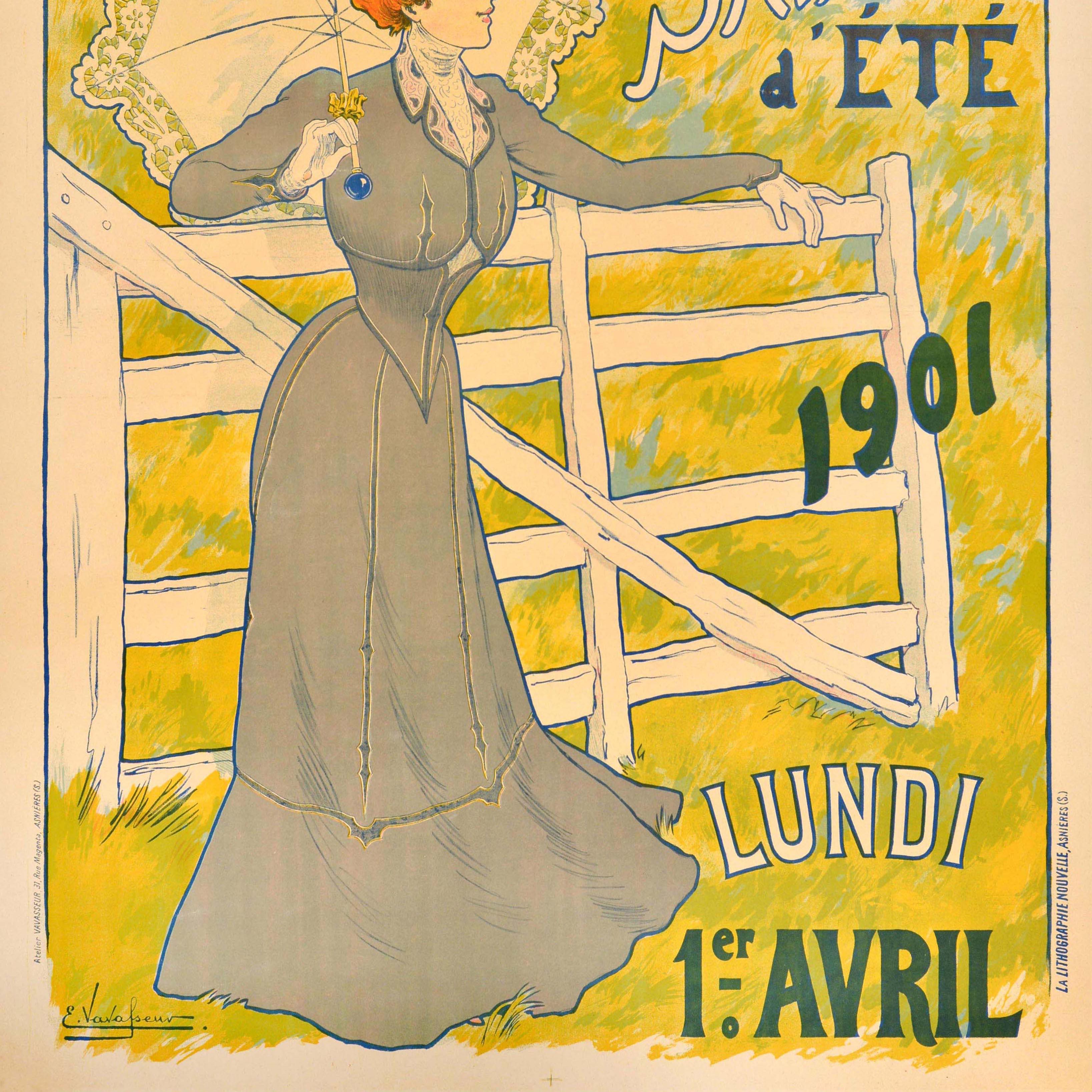 Original antique advertising poster for the Parisian department store A La Place Clichy promoting its special fashion Summer Sale on Monday 1 April - A La Place Clichy Saison d'Ete Lundi 1 Avril. Fantastic Art Nouveau artwork by the French designer