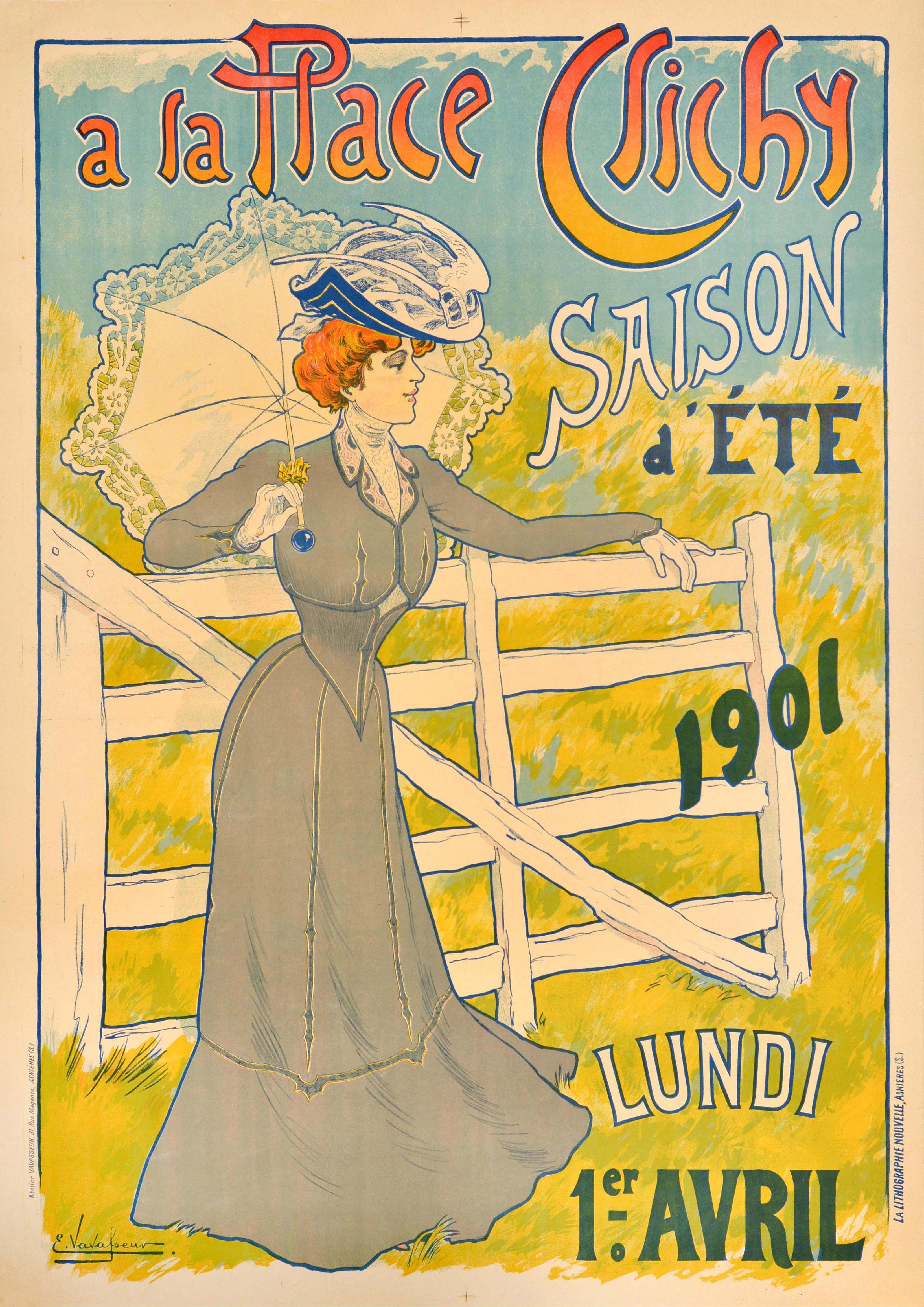 Unknown Print – Original Antikes Werbeplakat „A La Place Clichy Sumer Season Fashion Paris“, Original
