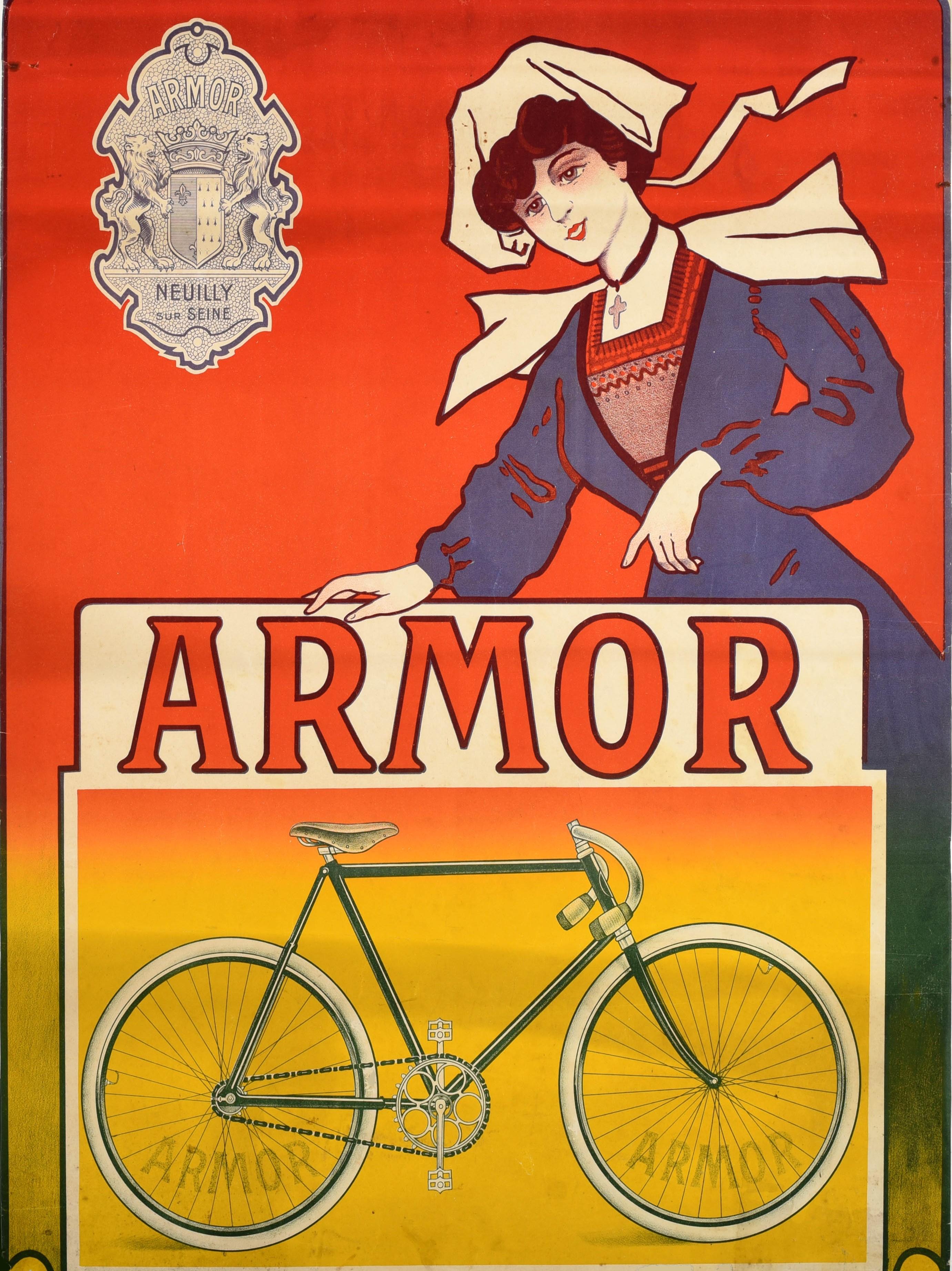 Original Antique Advertising Poster Armor Bicycles Neuilly Sur Seine France - Orange Print by Unknown
