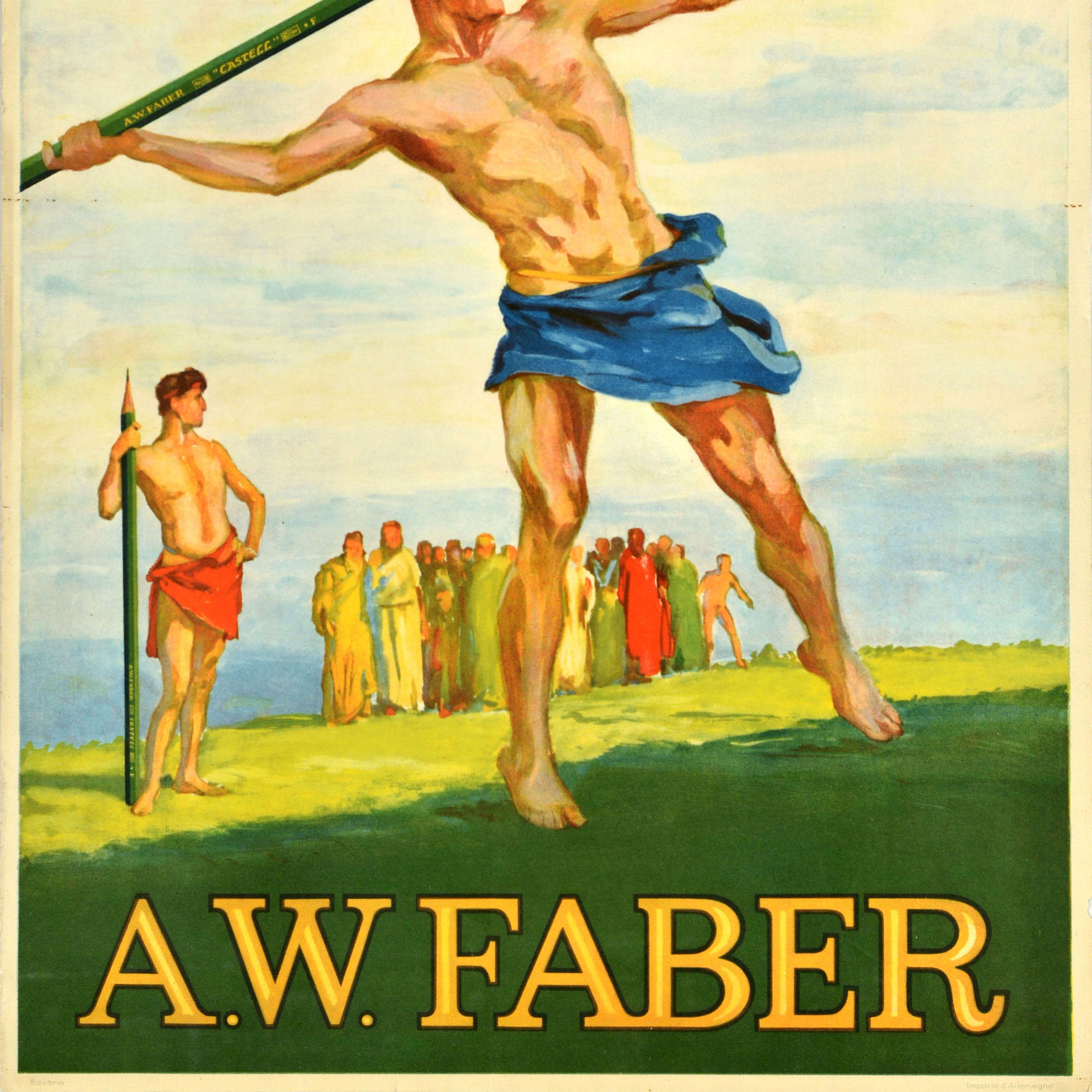 Original antique advertising poster for Castell A.W. Faber stationery supplies featuring a young athlete throwing a green AW Faber pencil as a javelin with another javelin thrower and spectators watching the background, all dressed in ancient toga