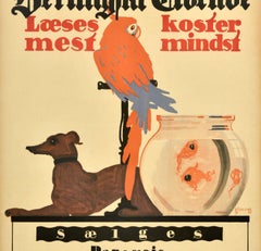 Original Antique Advertising Poster Berlingske Tidende Newspaper Parrot Dog Fish
