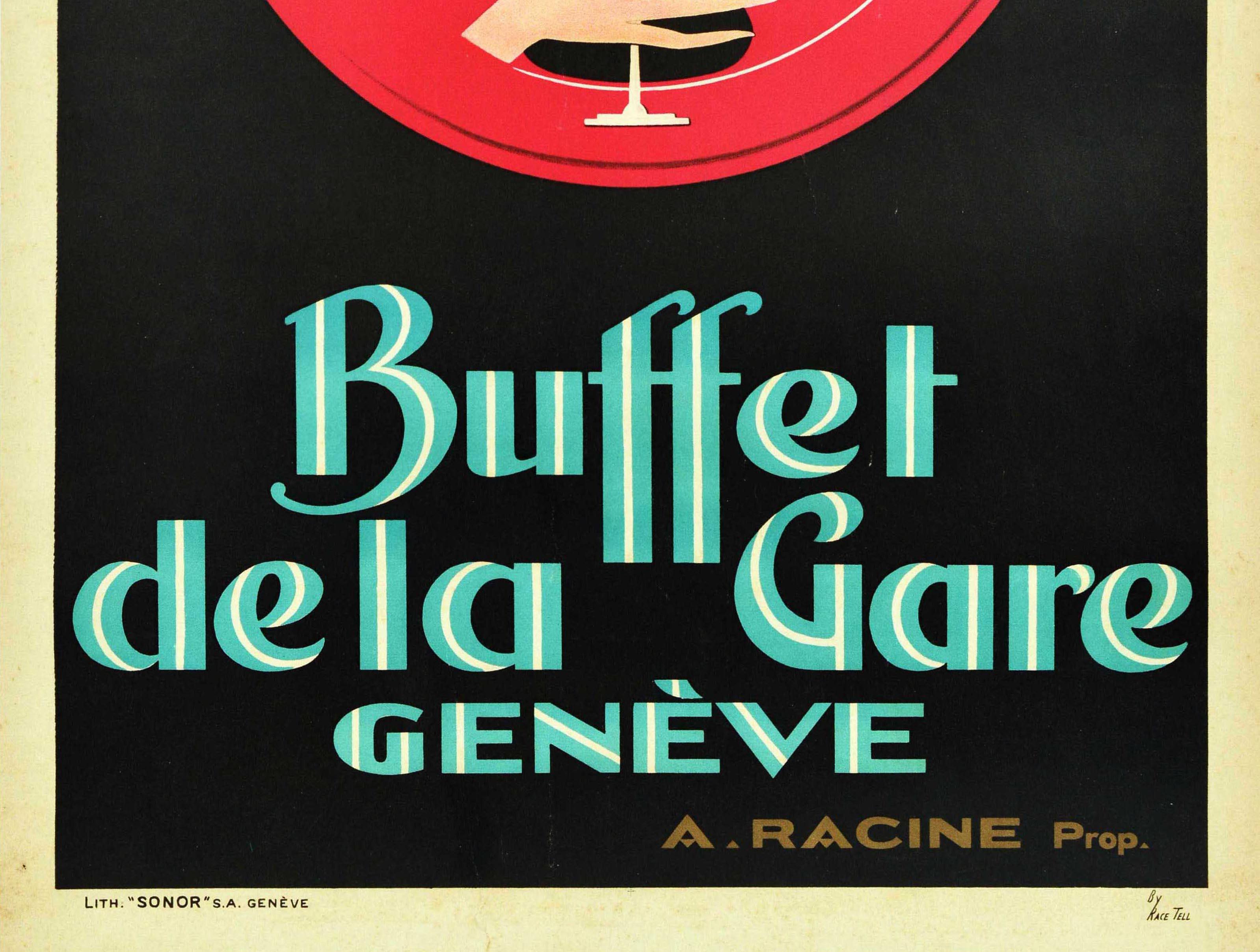 Originales, antikes Werbeplakat für das Buffet De La Gare Geneve / Station Buffet Geneva mit einem atemberaubenden Art-Déco-Bild einer zum Betrachter blickenden Dame, die ein Glas zum Trinken hält, vor einem roten Rad auf schwarzem Hintergrund,
