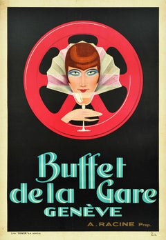 Original Antique Advertising Poster Buffet De La Gare Geneve Art Deco Geneva