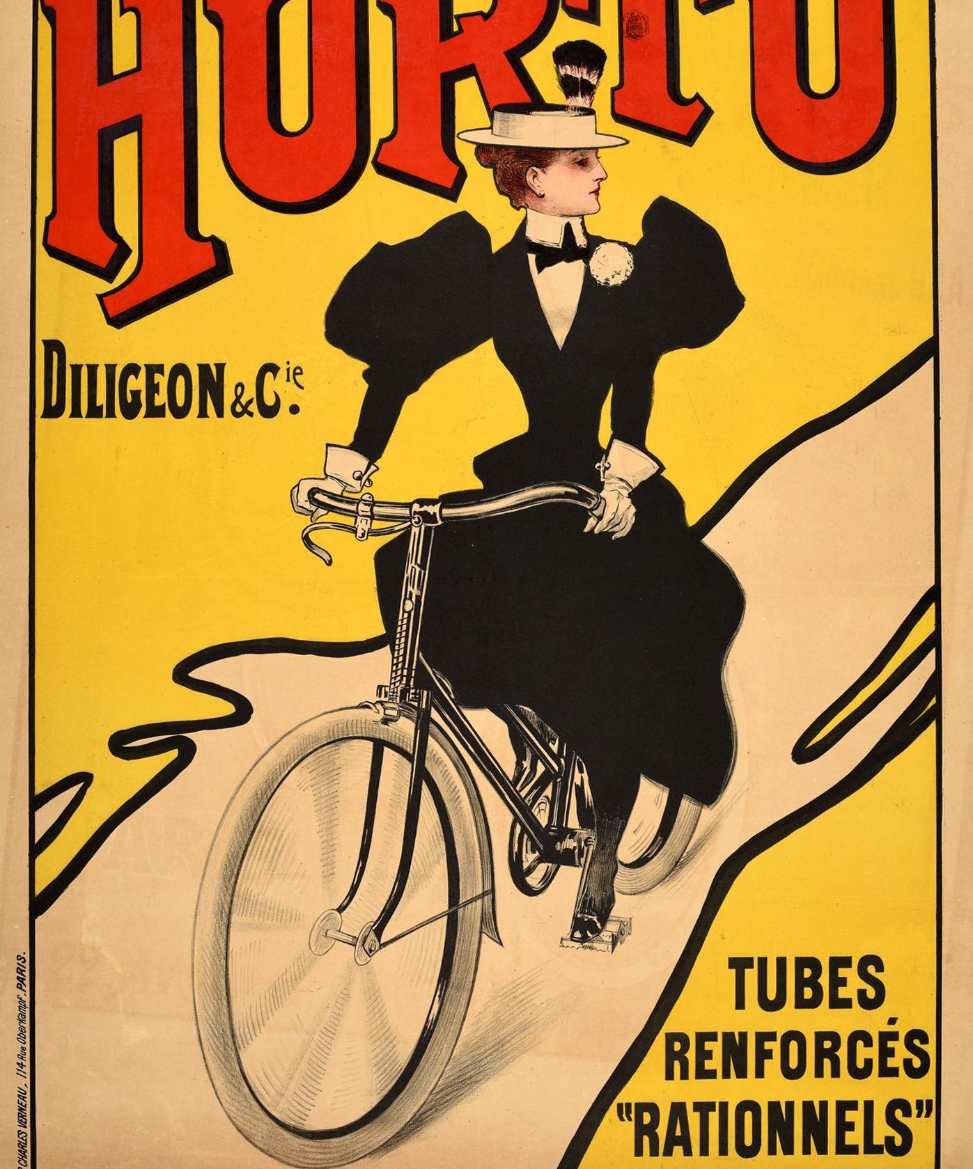 Affiche publicitaire originale et ancienne pour les bicyclettes Hurtu Diligeon Et Cie Tubes - Orange Print par Unknown