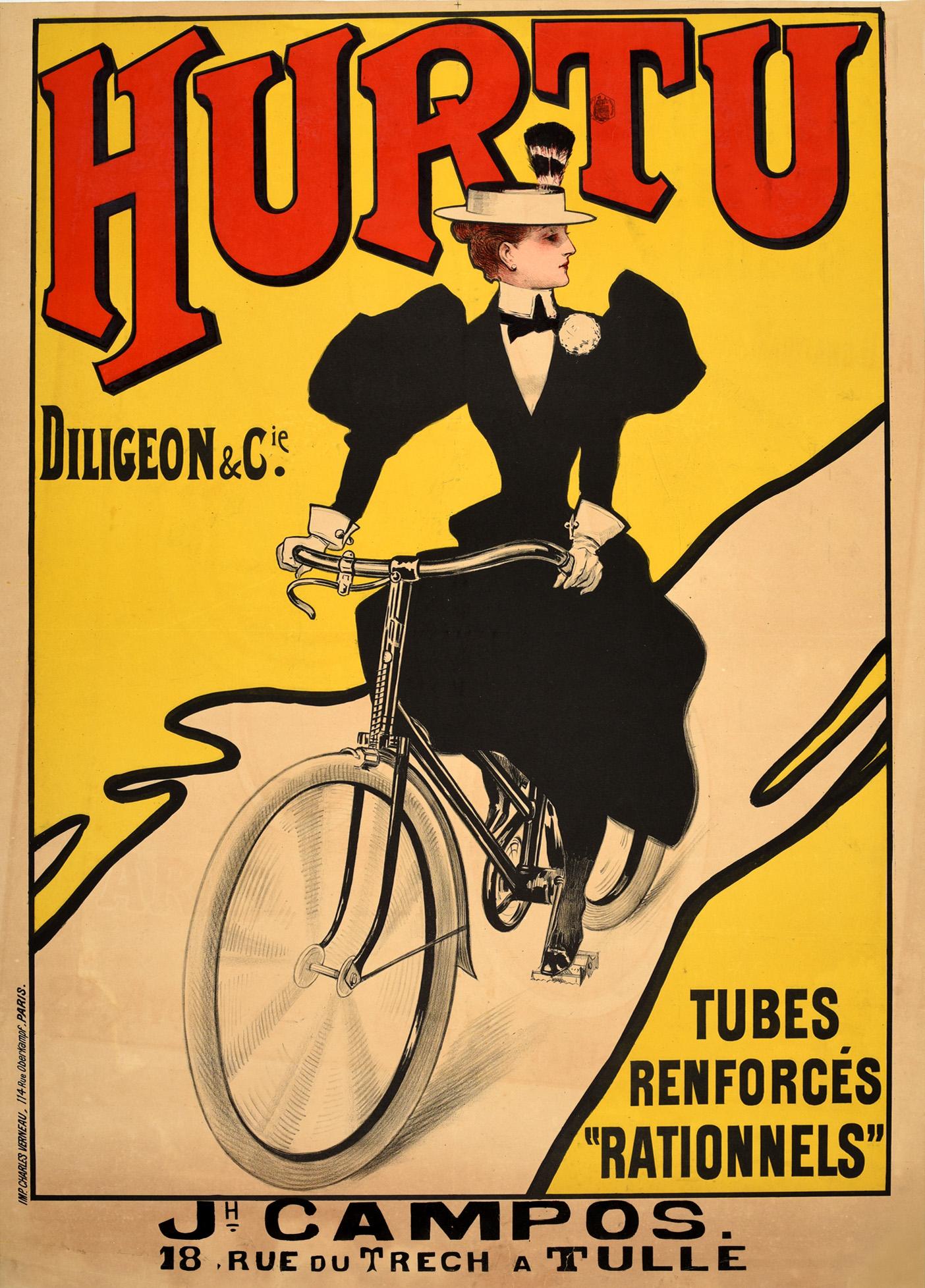 Print Unknown - Affiche publicitaire originale et ancienne pour les bicyclettes Hurtu Diligeon Et Cie Tubes