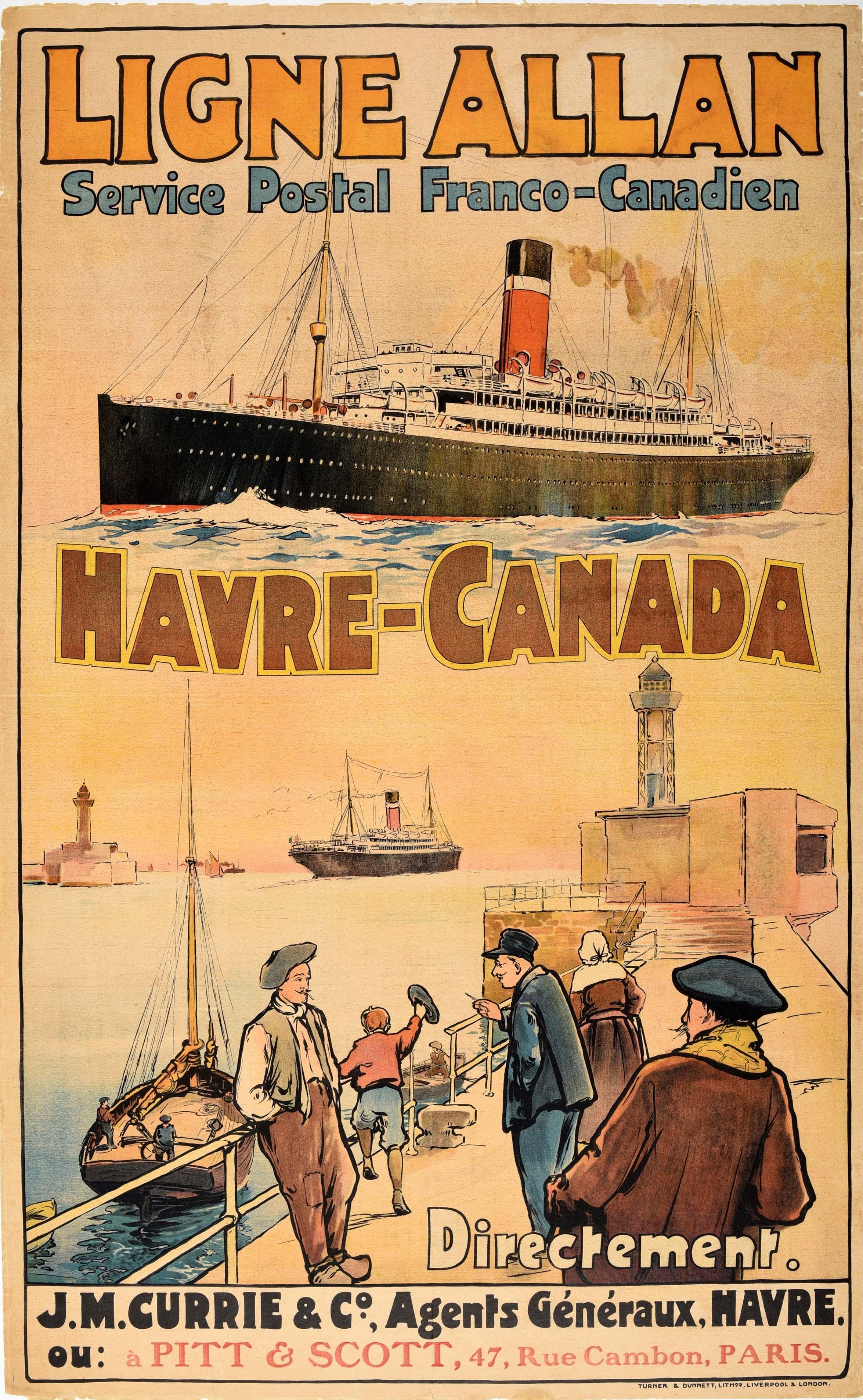 Unknown Print – Original Antikes Werbeplakat, Franco Canadian Allan Shipping Line Havre