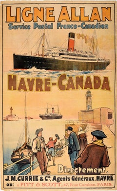 Original Antikes Werbeplakat, Franco Canadian Allan Shipping Line Havre