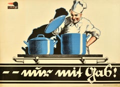 Original Antique Advertising Poster Gas Chef Cast Iron Cooking Pot Kitchen