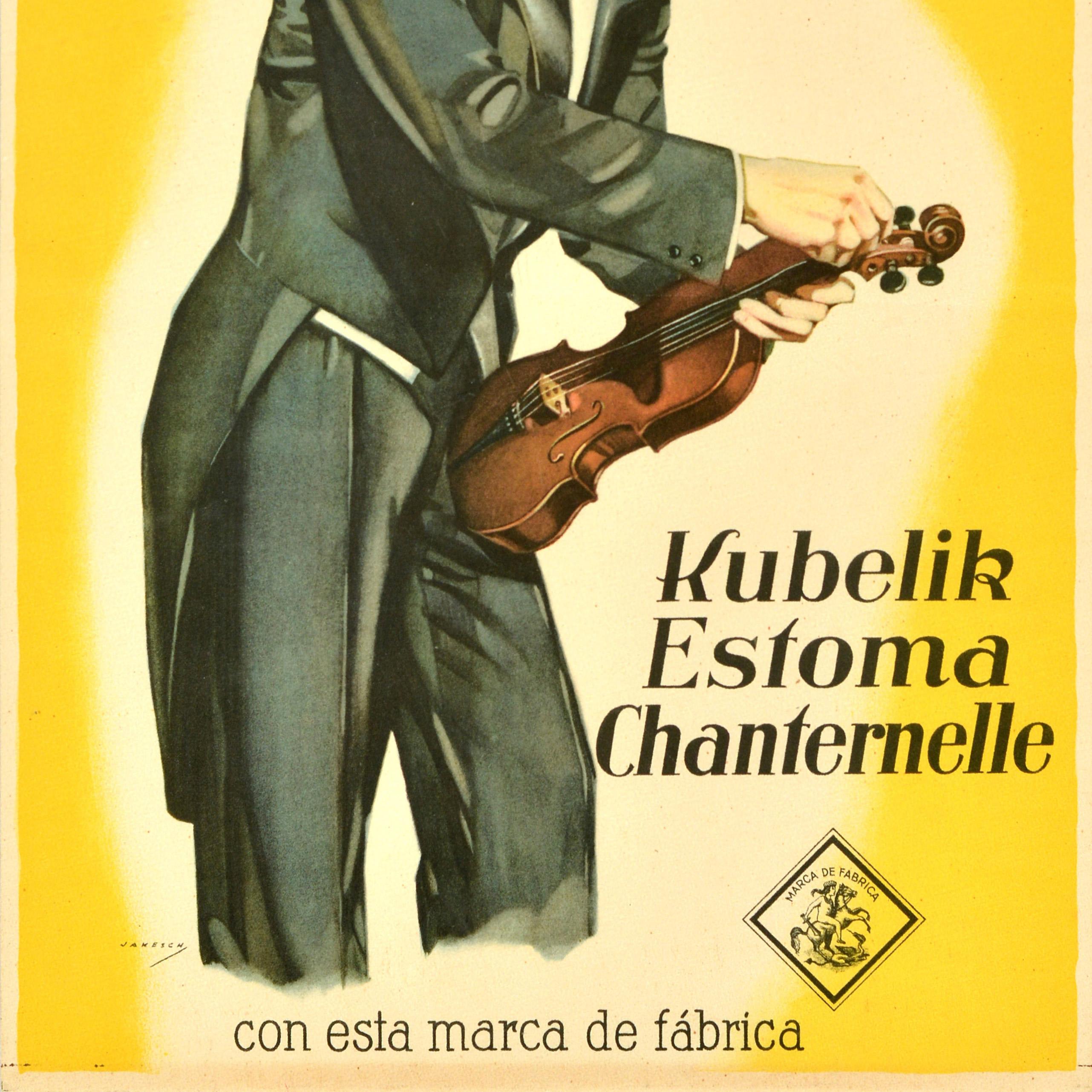 Cartel publicitario original antiguo - Emplee solamente cuerdas Kubelik Estoma Chanternelle con esta marca de tela / Use only Kubelik Stoma Chanternelle strings with this manufacturer brand - que muestra una ilustración de un músico con un elegante
