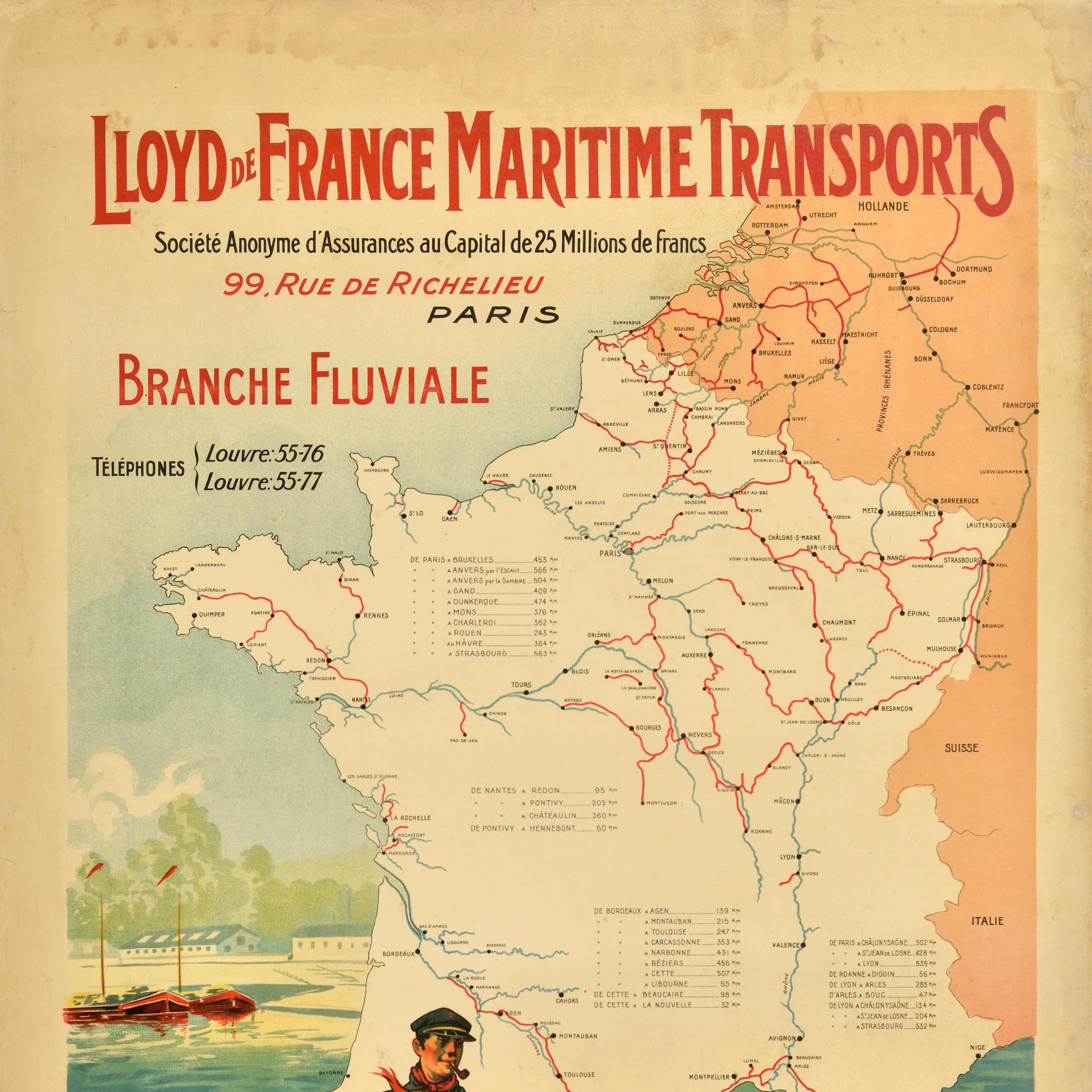 Original antique insurance advertising poster for Lloyd de France Maritime Transports Societe Anonyme d'Assurances au Capital de 25 Millions de Francs Branche Fluviale Assurances Fluviales Corps & Merchandises Policies le plus liberales Reglement