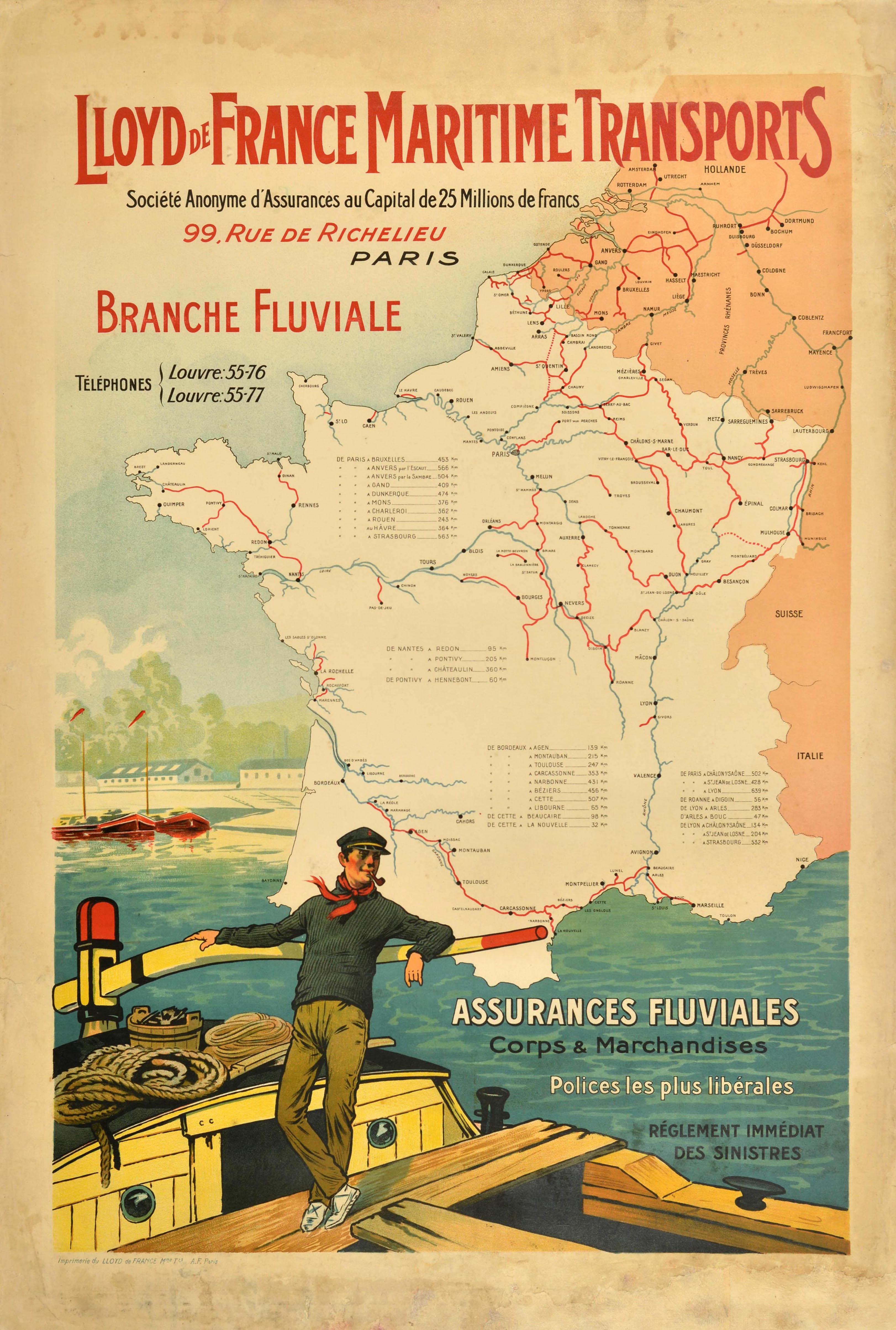 Unknown Print – Original Antikes Werbeplakat Lloyds France Maritime Transports Insurance, Frankreich