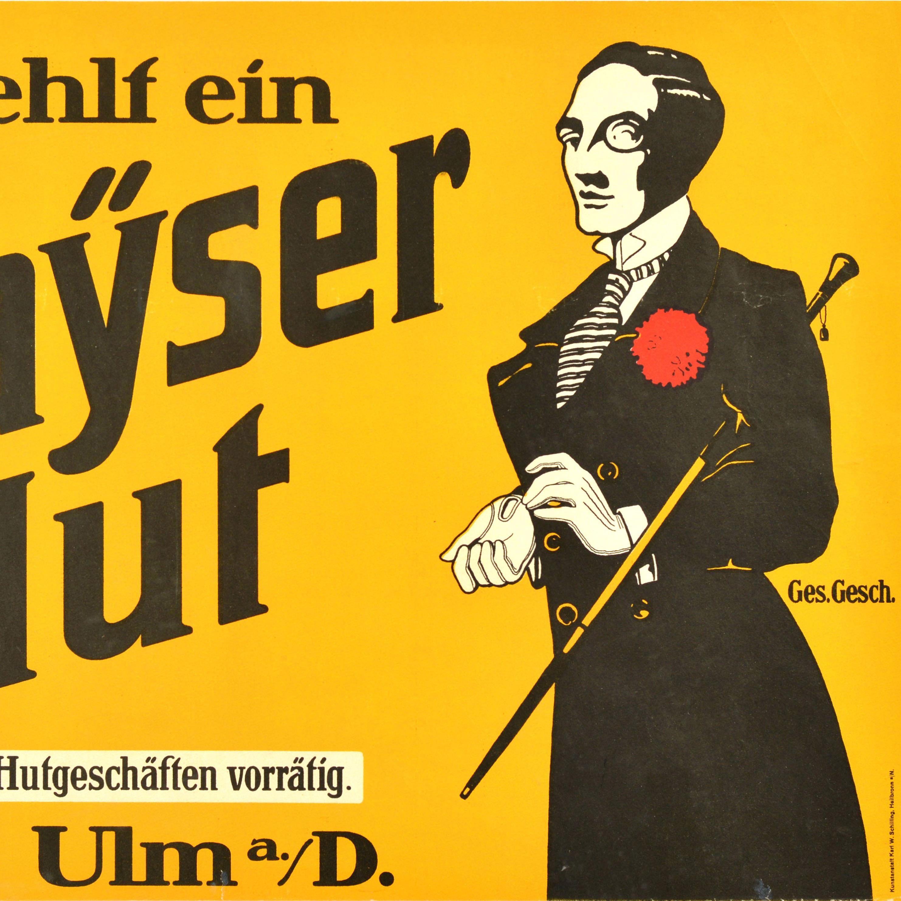 Original antique advertising poster - I'm missing a Mayser Hat / Mir fehlt ein Mayser Hut - featuring a great design depicting a smartly dressed man wearing a suit with a red rosette flower in the pocket, a monocle eye glass, gloves and holding a