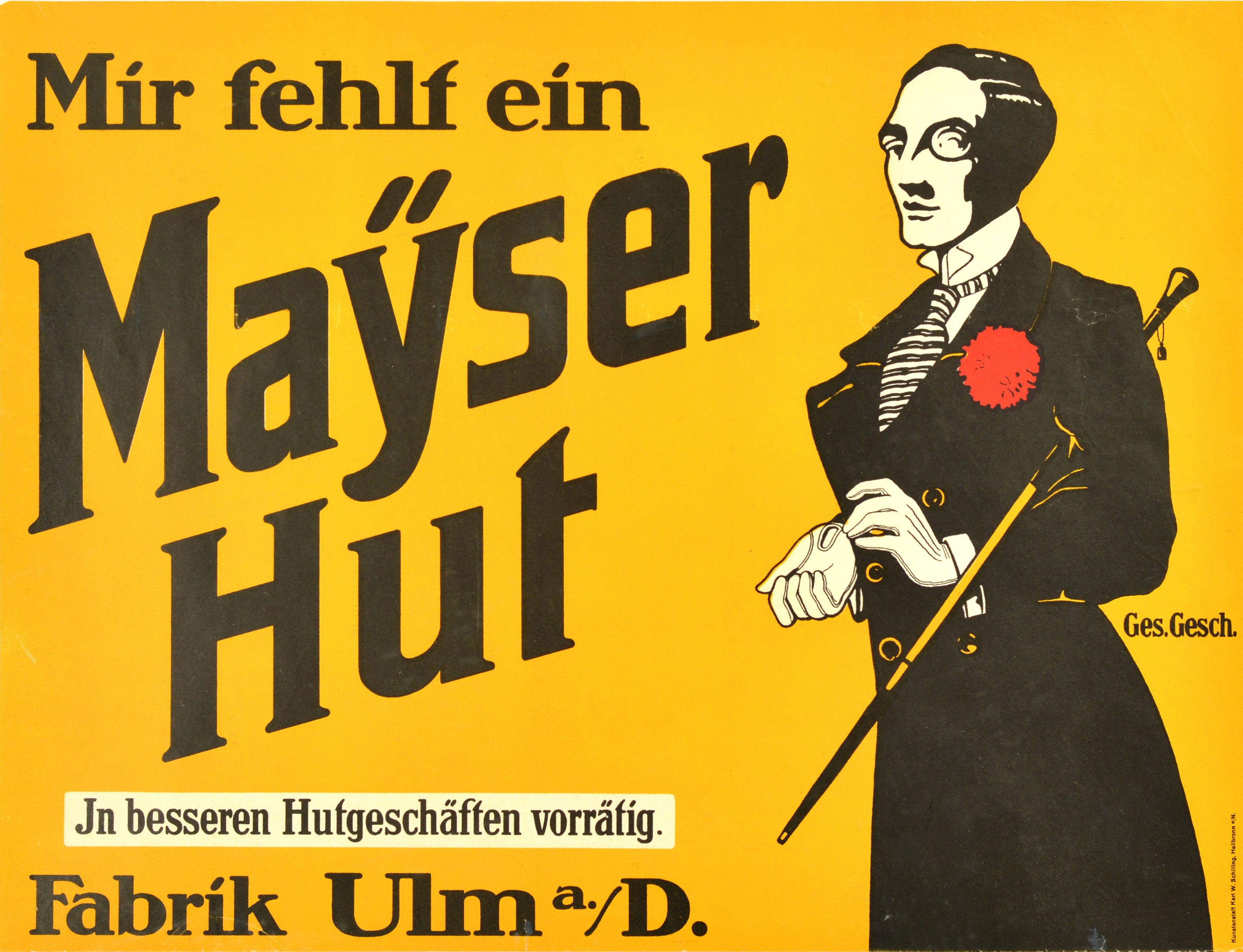Unknown Print – Original Antikes Werbeplakat Mayser-Hute, Modedesign, Ulm, Deutschland