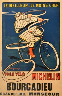 Original Antique Advertising Poster Michelin Bike Tyre Bourgadieu Bibendum Roowy