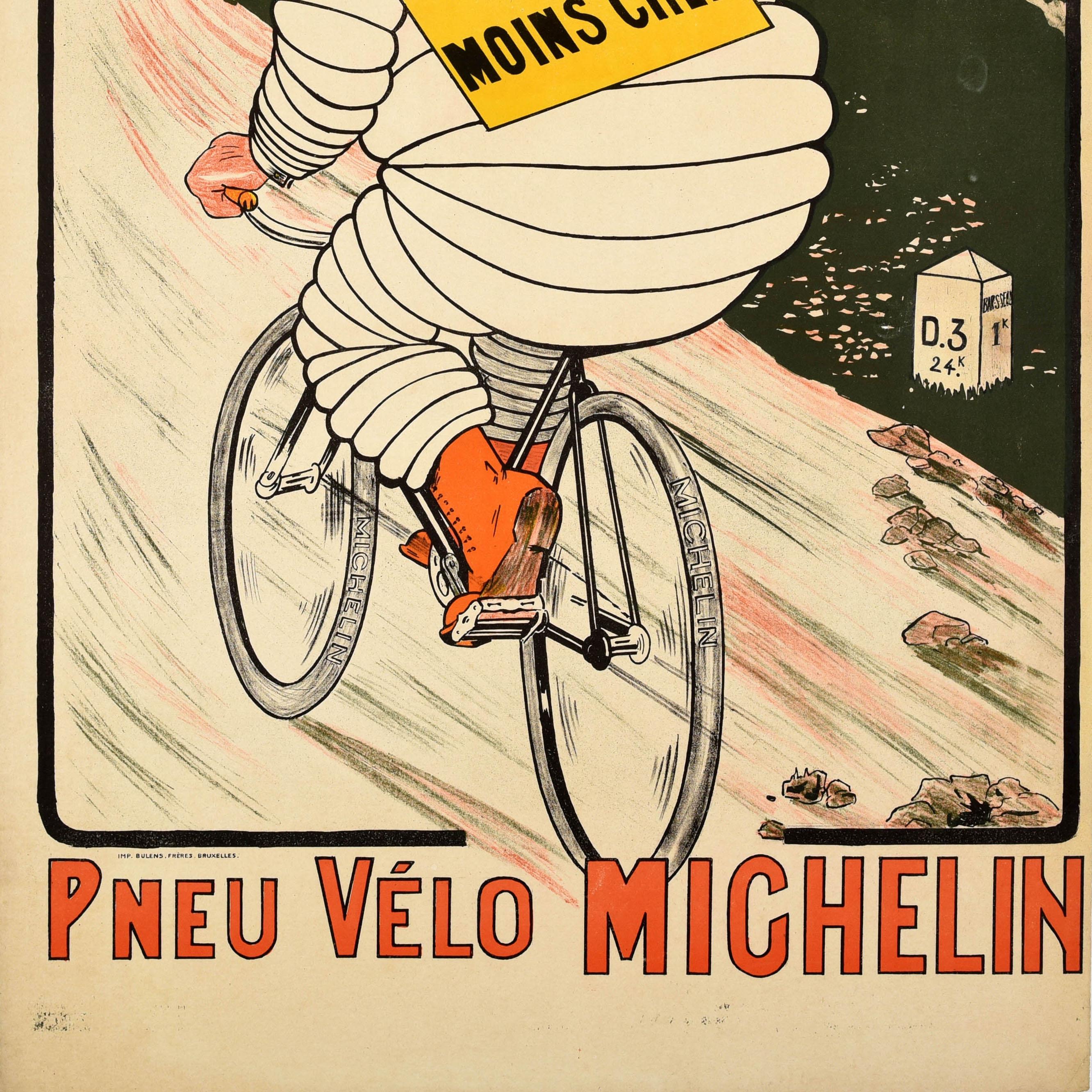 Original antique advertising poster for Michelin tyres featuring a great illustration showing the trademark Bibendum character - the iconic Michelin Man figure made from tyres - smoking a cigar and riding a bicycle at speed along a country road with