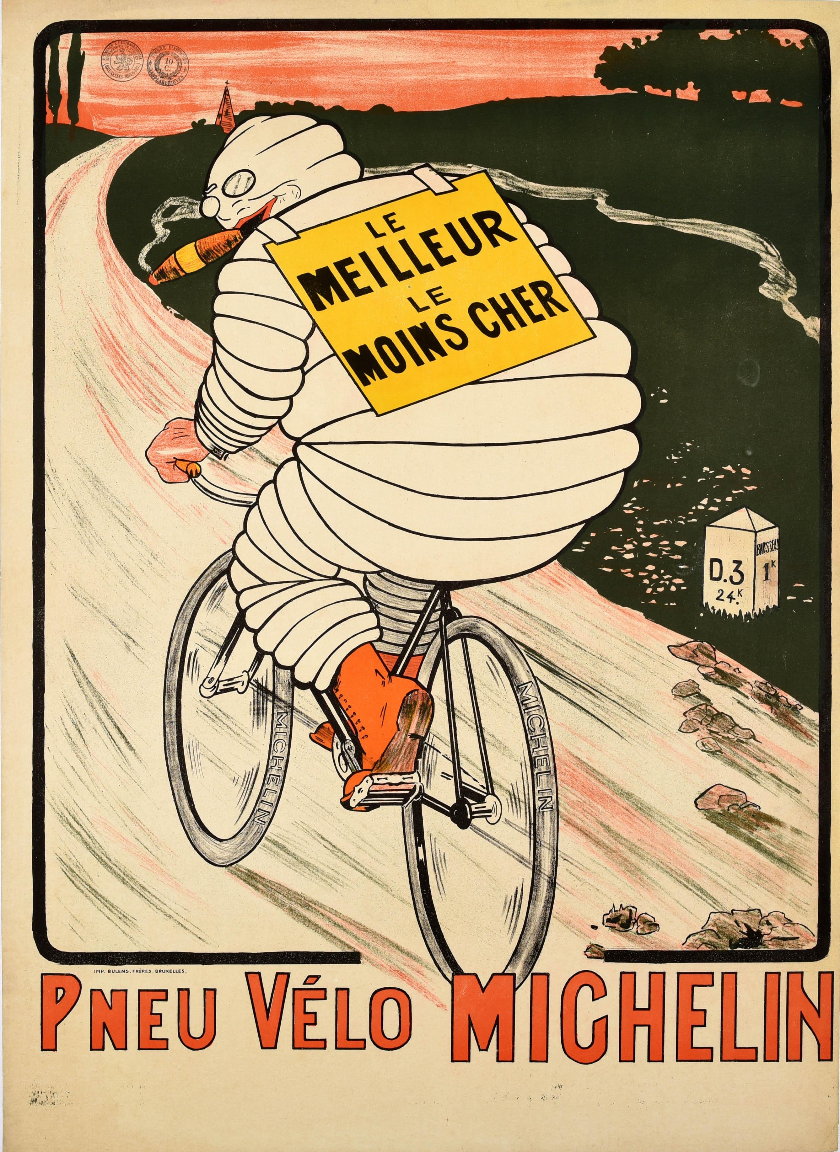 Print Unknown - Affiche publicitaire d'origine ancienne Michelin Man Bibendum Tyres Cigar Bicyclette