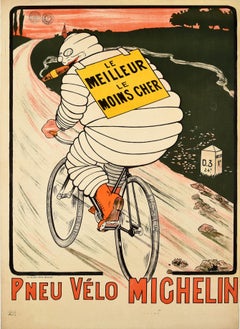 Affiche publicitaire d'origine ancienne Michelin Man Bibendum Tyres Cigar Bicyclette