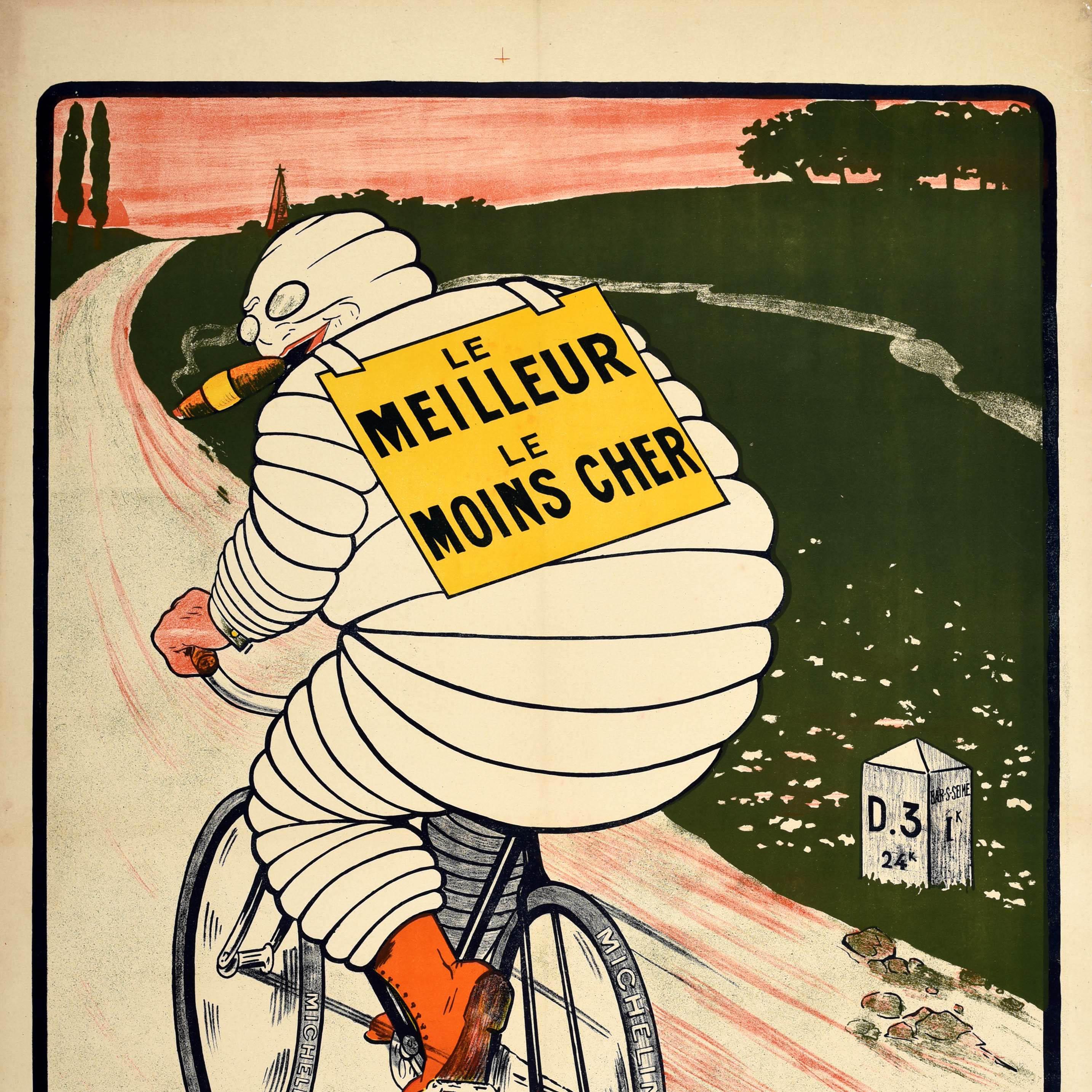 Affiche publicitaire d'origine ancienne Michelin Man Tyres Bibendum Bicycle Cigar  - Beige Print par Unknown