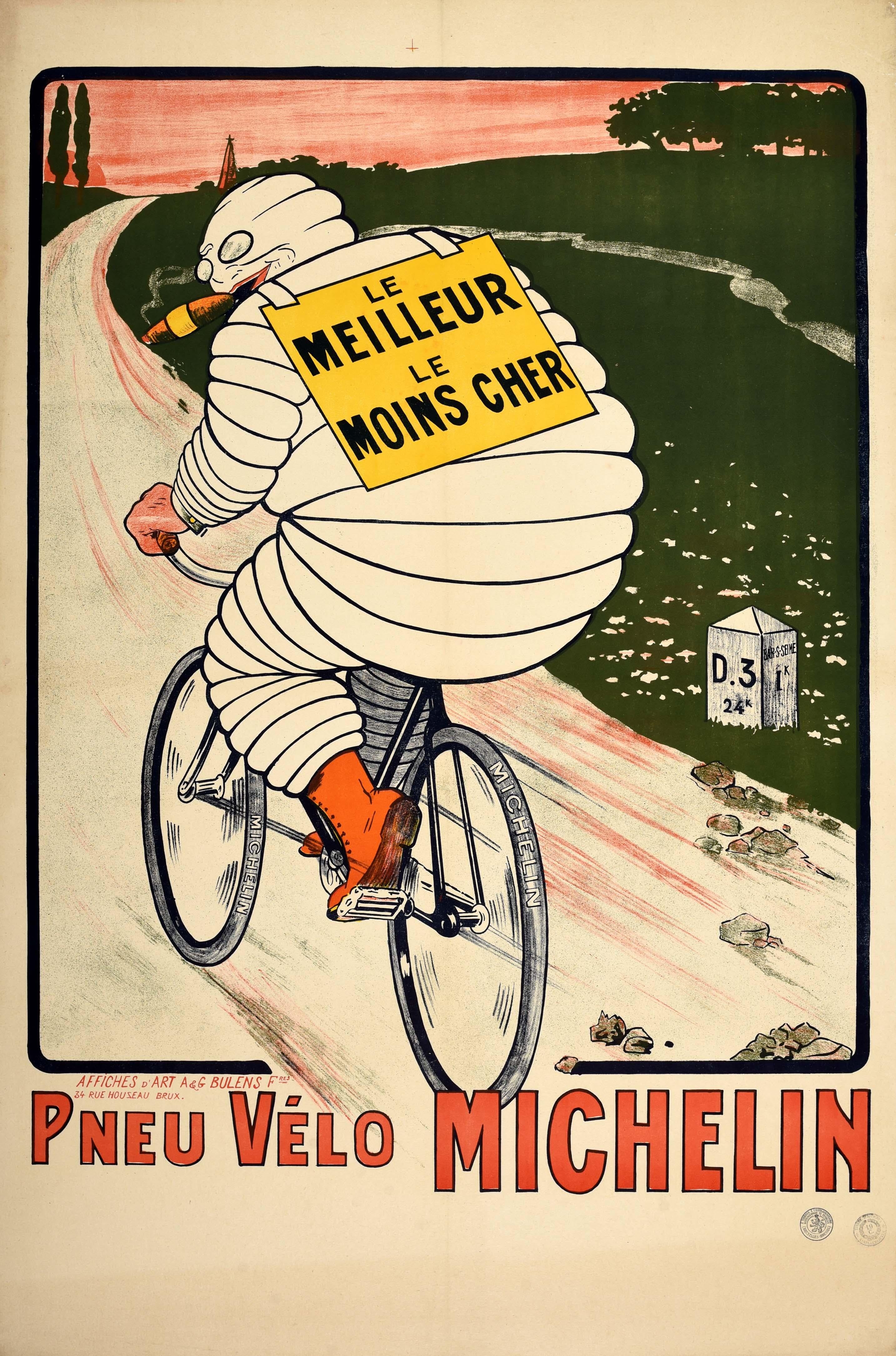 Print Unknown - Affiche publicitaire d'origine ancienne Michelin Man Tyres Bibendum Bicycle Cigar 
