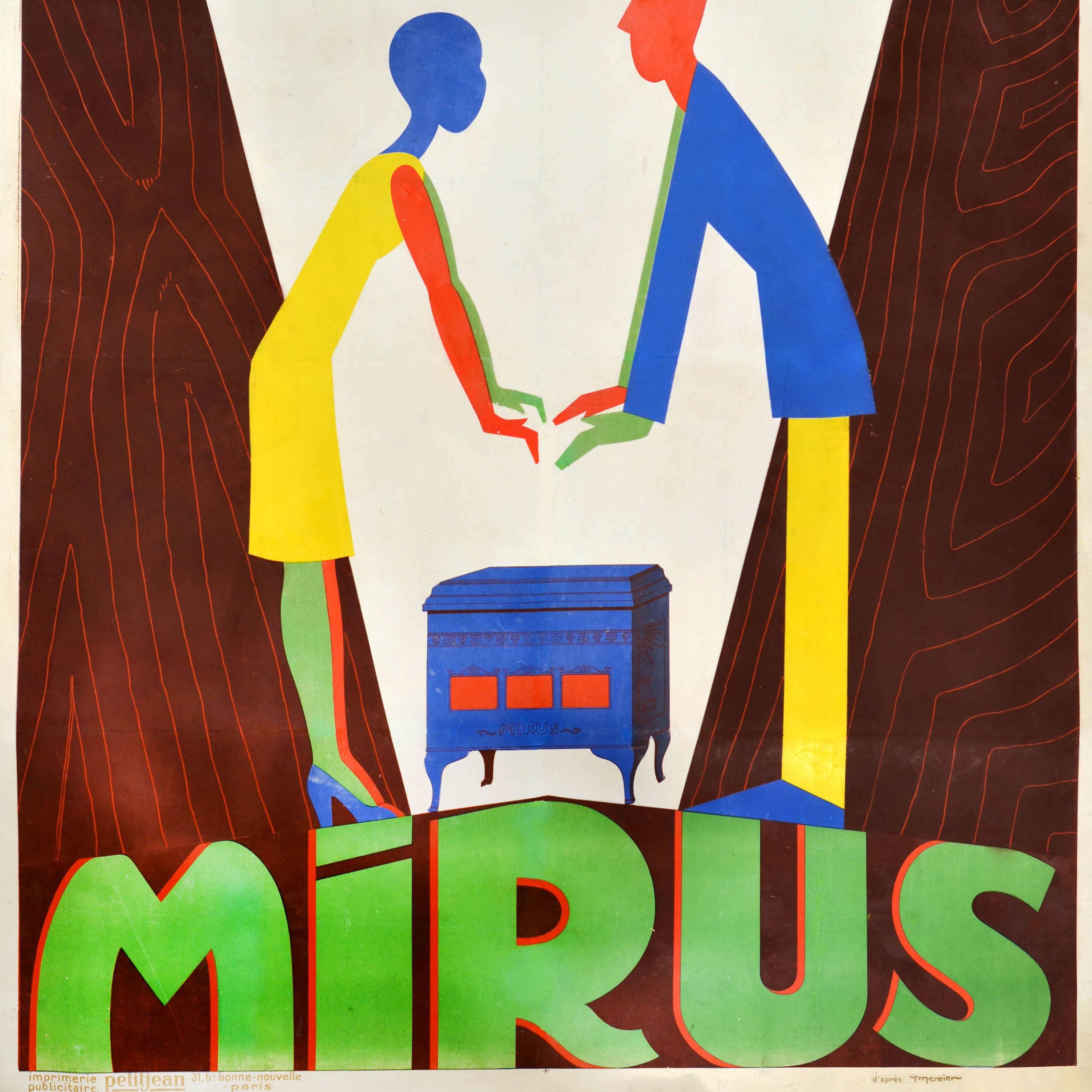 Original antique advertising poster for Mirus poele a bois / wood burning heaters featuring a colourful stylised illustration of a lady and a man warming their hands over the stove set on a V shaped white and wooden pattern background with the text