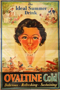 Affiche publicitaire originale et ancienne d'une boisson décontractée ovale Art Déco