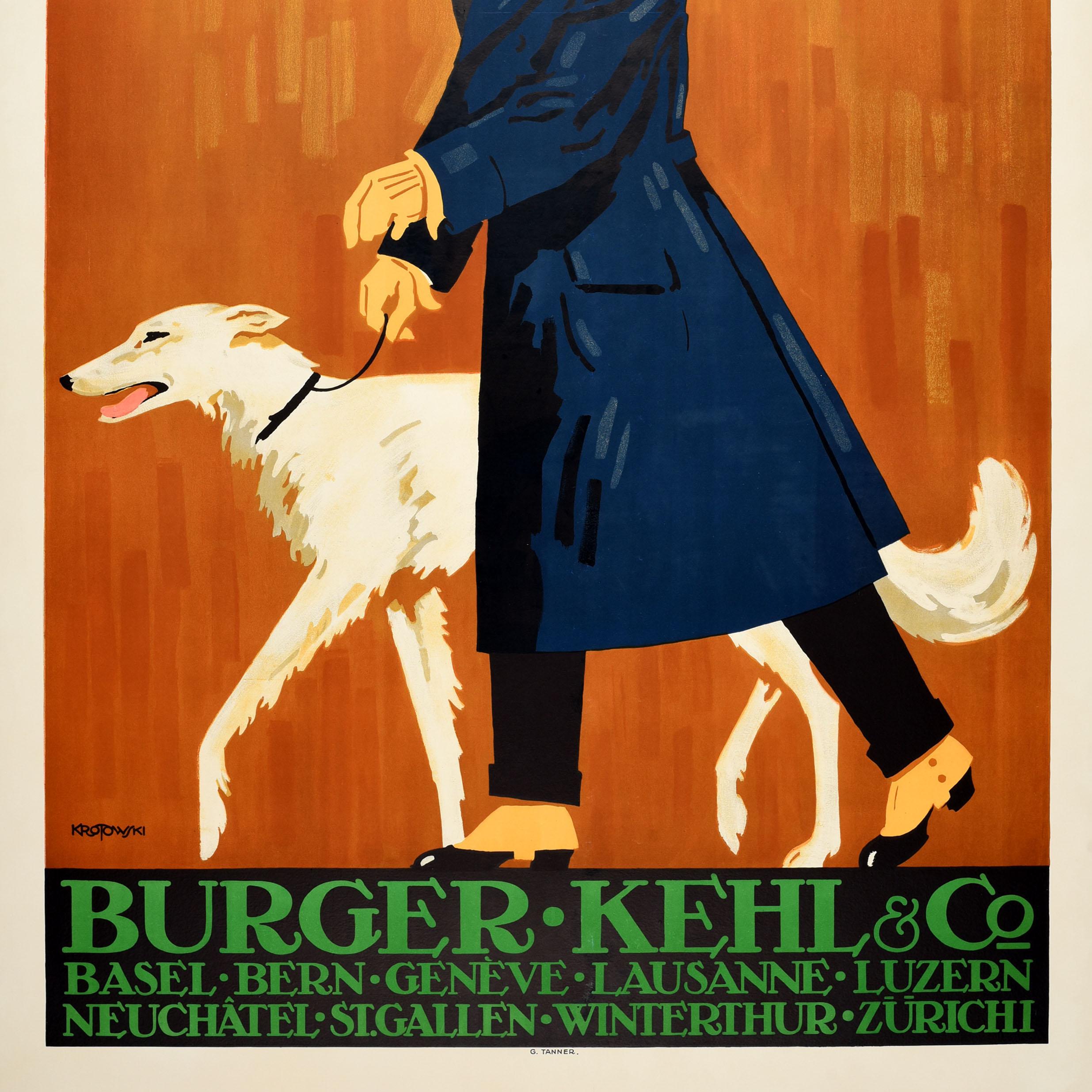 Affiche publicitaire originale et ancienne sur la mode masculine pour la marque PKZ Burger Kehl & Co. Elle présente un superbe design de Stephan Krotowski (1881-1948) représentant un homme bien habillé portant un long manteau bleu sur un costume