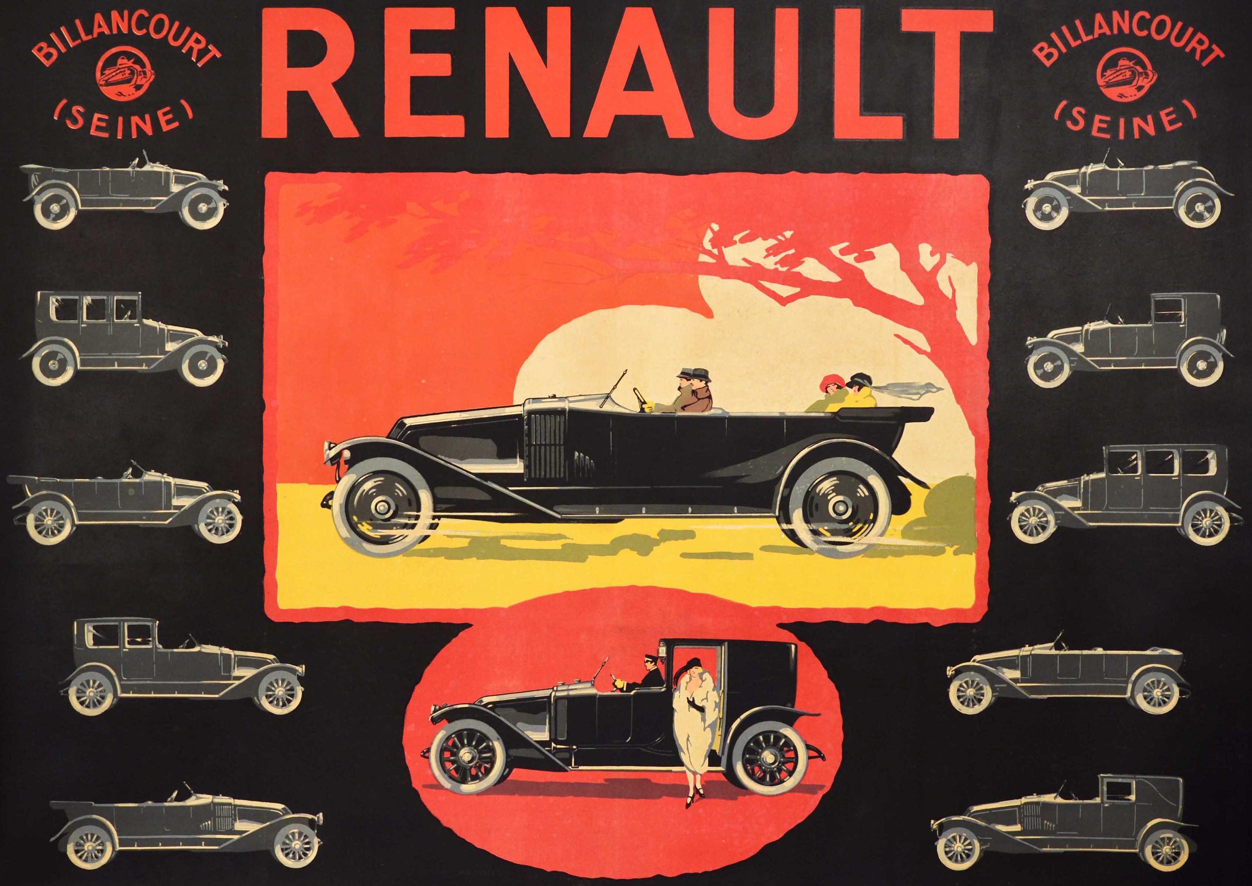 Originales antikes Werbeplakat für den französischen Automobilhersteller Renault mit einem großartigen Design, das verschiedene Automodelle zeigt, die in der Fabrik in Billancourt (Seine) hergestellt werden, auf einem dunklen Hintergrund mit