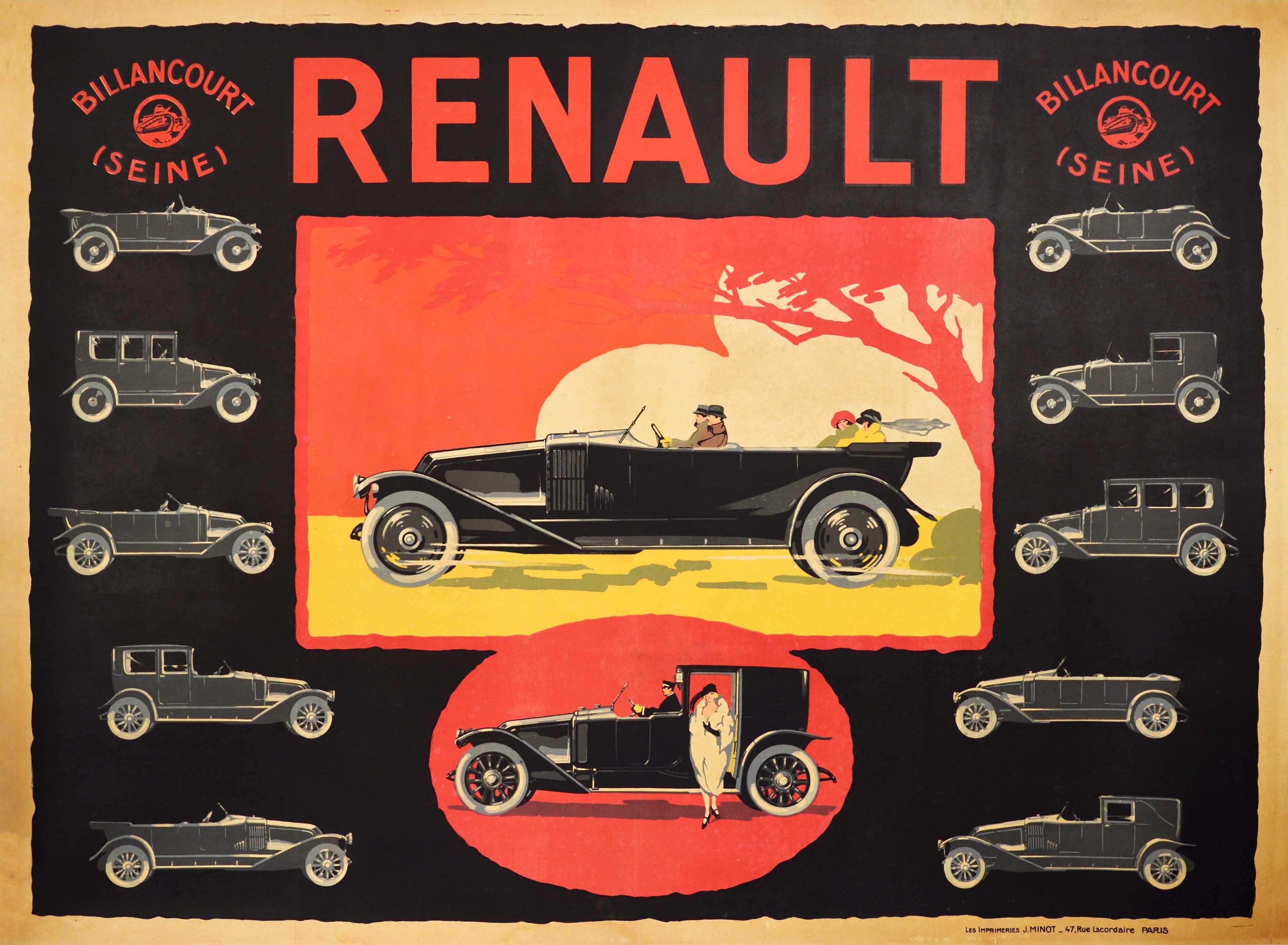 Unknown Print – Original Antikes Werbeplakat Renault Billancourt Seine Classic Car Modelle, Original
