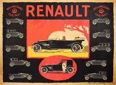 Affiche publicitaire originale et ancienne de Renault Billancourt Seine - Modèles de voitures classiques